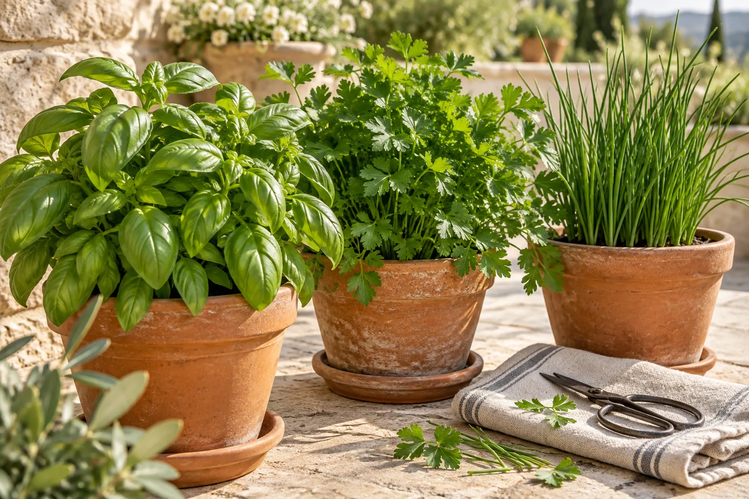 Illustrative basil, parsley, and chives in kitchen garden containers