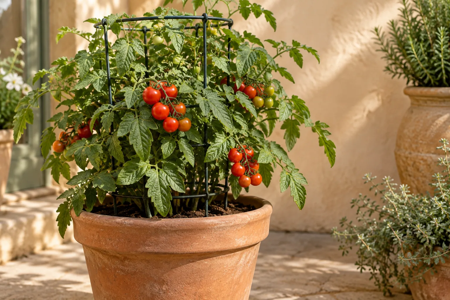 Illustrative compact tomato plants in sunny containers